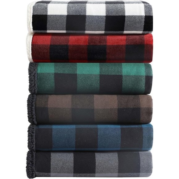 Red Check Reversible Sherpa Fleece Bedding Buffalo Plaid Home Decor All Seasons - Picture 12 of 13